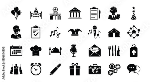 Black and white icons depicting celebration events and various objects