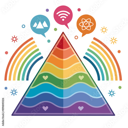 A colorful pyramid icon with rainbow layers and speech bubbles