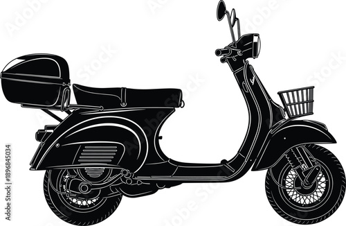Black silhouette of vintage motor scooter with storage box and front basket vector illustration isolated on white background for delivery and transport concepts