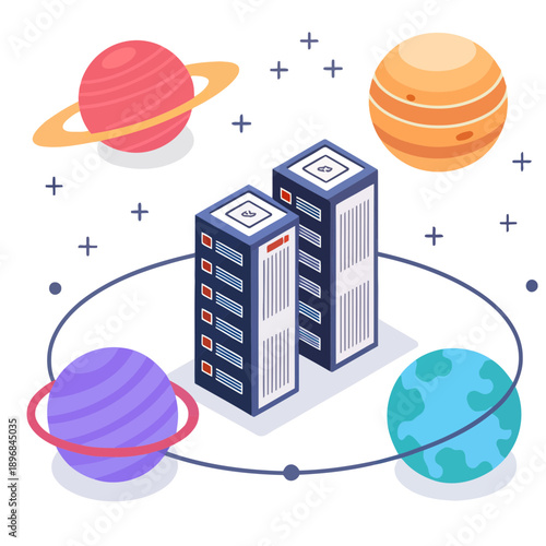 Foto A vector graphic illustration of servers surrounded by planets in space