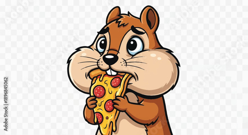 Chubby Squirrel Eating a Slice of Pepperoni Pizza, Funny Wildlife City Food Illustration