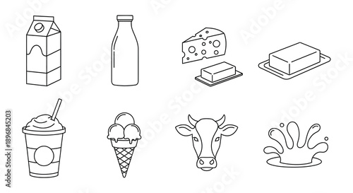 Line art illustration of various dairy products and a cow s head