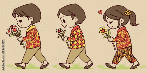 Cartoon Macedonia children walking with colorful flowers in hand