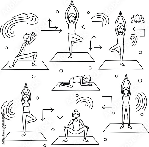 Yoga poses and fitness exercises collection featuring women in different asana positions