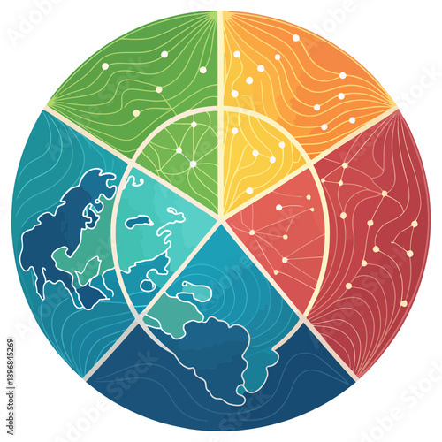 A colorful vector graphic of a pie chart with a world map