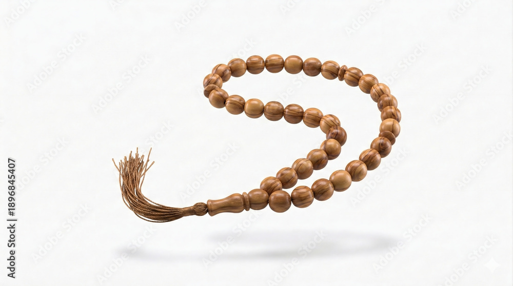 Obraz premium Traditional wooden prayer beads with tassel isolated on white background, 3D render.