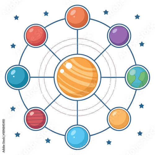 A colorful vector illustration of the solar system with planets and stars