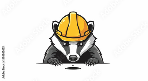 Tough Badger Character Wearing Yellow Hard Hat, Construction Worker Mascot Illustration