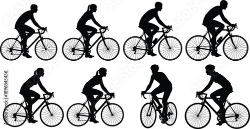 Black Silhouette Set of Professional Cyclists Riding Road Bikes in Various Poses for Fitness Competition Sport Training Healthy Lifestyle and Outdoor Activity Vector Illustration