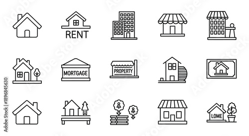Line art icons depicting various housing options rentals and property related concepts