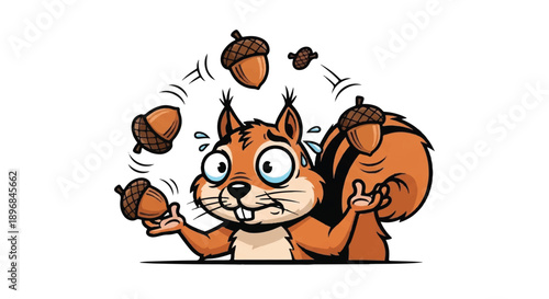 Excited Squirrel Juggling Acorns, Autumn Forest Wildlife Harvest Illustration