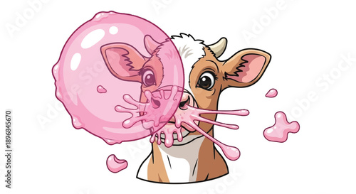 Funny Baby Cow with Pink Bubble Gum Splashed on Face, Humorous Farm Animal Illustration