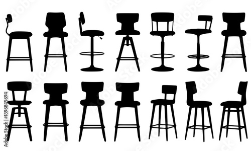 Large collection of varied bar stool and chair silhouettes in different styles for interior design and furniture catalogs.
