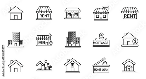 Line art icons depicting various housing options rentals and property related concepts