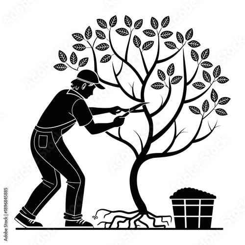 A man pruning a tree with a trash can nearby in a simple vector graphic
