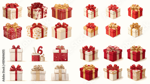 Red and gold gift boxes set with ribbons and bows. Luxury festive presents collection for Christmas, New Year, birthday, anniversary, premium packaging, and holiday design.