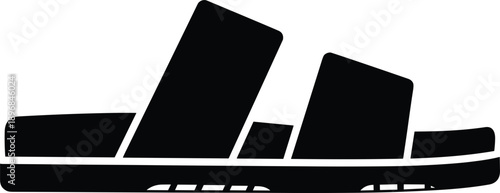 Black silhouette vector icon of a casual summer slide sandal with double straps isolated on white background for footwear fashion and beach lifestyle concepts