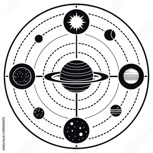 A minimalist vector illustration of the solar system with planets and sun