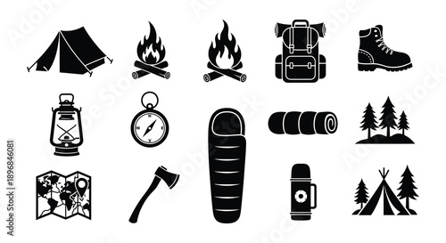 Camping and hiking equipment icons in a black and white illustration