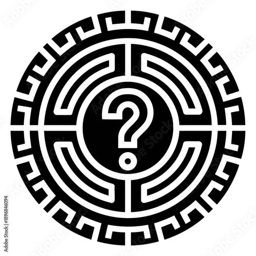 A black and white maze icon with a question mark in the center