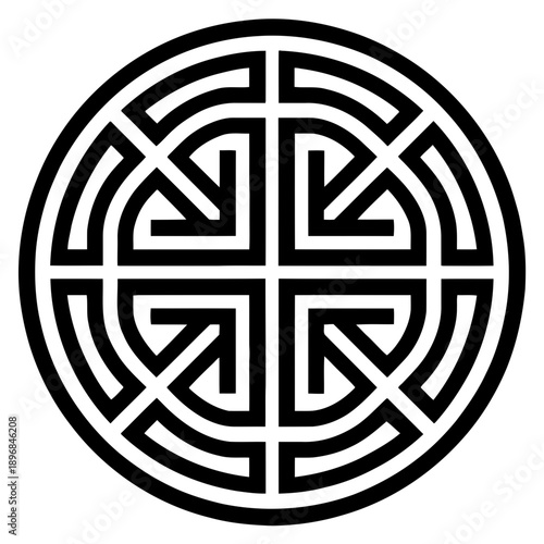 A black and white circular maze design with intricate patterns