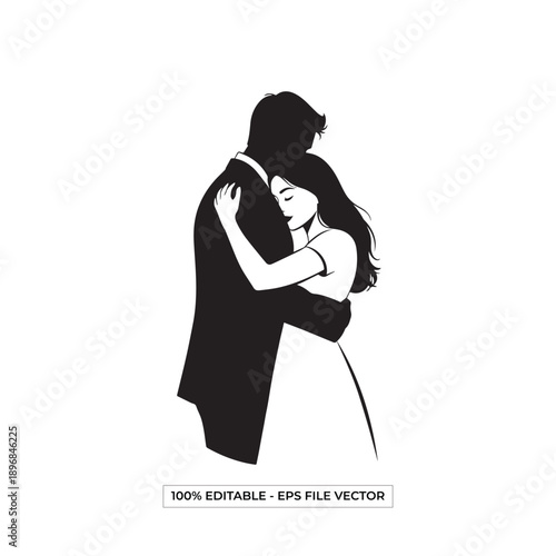 Couple Embracing, Man and Woman, Intimate Moment, Silhouette Illustration, Vector Format