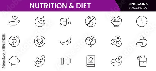 Nutrition and Diet, Healthy Food, and Detox Diet Vector Icons. Contains such Icons as Metabolism, Caunt Calories, Palm oil free, Zero trans fat, Probiotics, and more