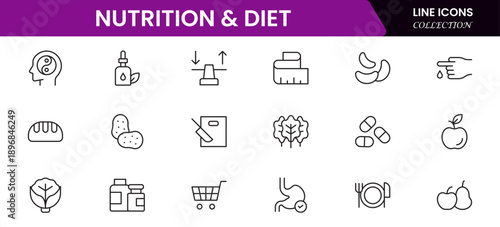 Nutrition and Diet, Healthy Food, and Detox Diet Vector Icons. Contains such Icons as Metabolism, Caunt Calories, Palm oil free, Zero trans fat, Probiotics, and more