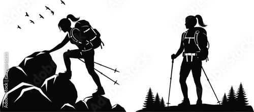 Black silhouette vector illustration of a female hiker with backpack climbing rocky mountains and standing near pine trees isolated on white background for adventure.