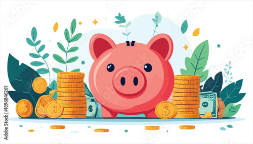 vector Piggy Bank Surrounded by Coins and Plants