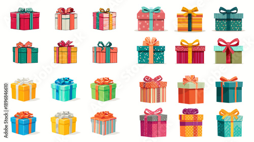 Colorful gift boxes icons set with ribbons and bows. Bright present collection for birthday, Christmas, holidays, celebration banners, stickers, and modern flat illustration.