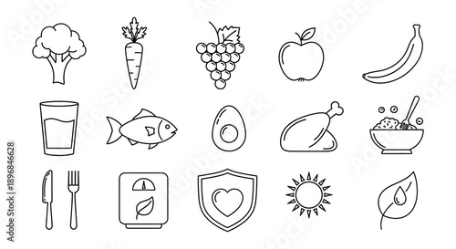 Line art illustration of healthy foods nutrition symbols and wellness elements