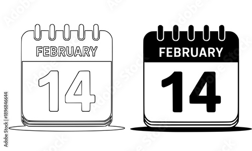 Minimalist black and white vector icons of a calendar page for February 14, representing Valentine's Day, date planning, and holiday scheduling.