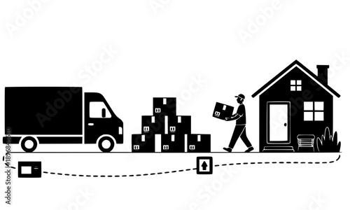Flat vector silhouette illustration of a delivery truck and courier carrying boxes to a house, representing logistics, shipping services, and home relocation concepts.