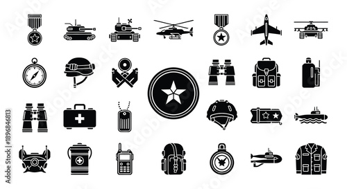 Black and white icons depicting various military equipment and symbols