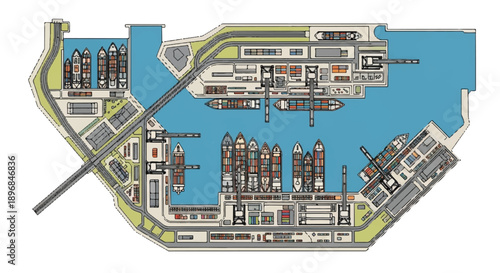 Illustration of a harbor bay with cargo ships and industrial facilities for maritime transportation planning
