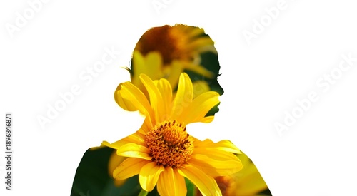 Double exposure of female silhouette with blooming flowers – femininity, nature and inner beauty