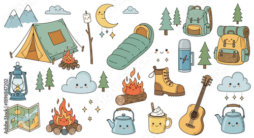 Cute Camping and Outdoor Adventure Elements Collection.