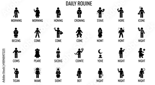 Daily Routine Icons Representing Various Activities Throughout The Day.