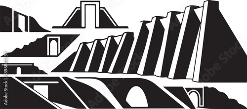 Geometric Cityscape with Pyramids and Modern Architecture Style