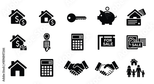 Real estate and finance icons houses keys money and family symbols