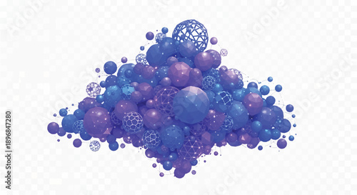 3D render of purple and blue spheres group forming a cloud shape isolated on transparent background for tech design