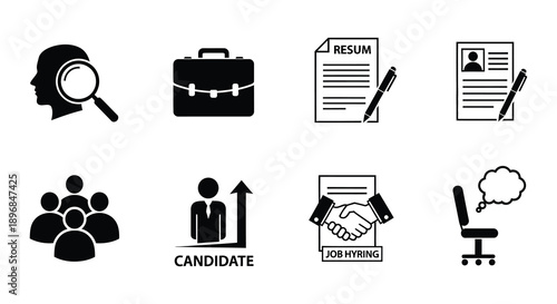 Recruitment and job searching icons depicting various hiring processes
