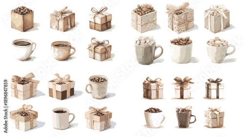 Watercolor coffee cups and gift boxes set with kraft paper ribbons. Cozy hand painted mugs and presents collection for holidays, cafe branding, Christmas, and greetings.