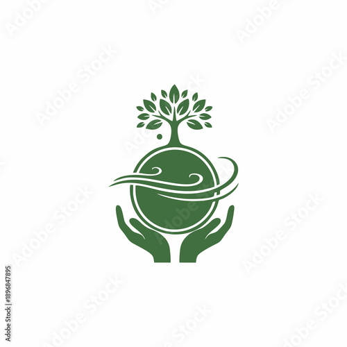 Green Earth Day logo design featuring human hands cradling the globe with a growing tree and wind swirls, environmental conservation concept