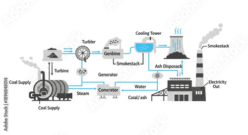 Diagram of a coal-fired power plant showing the process flow.