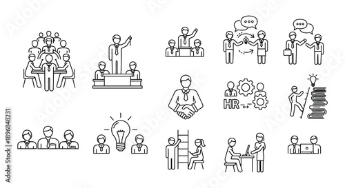 Line art icons representing business teamwork and human resources