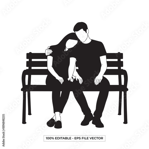 Couple sitting together on a bench, embracing, vector illustration of love and companionship