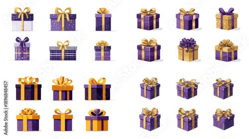 Purple and gold gift boxes set with ribbons and bows. Elegant present collection for Christmas, birthday, New Year, luxury packaging, holiday banners, and festive design.