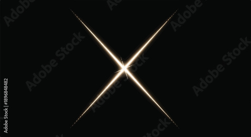 Abstract golden four point star flare with glowing light rays on dark transparent background